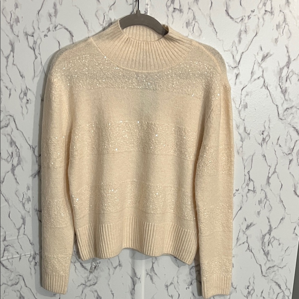 Vince Camuto Cream Sparkle Ribbed Cowlneck Sweater